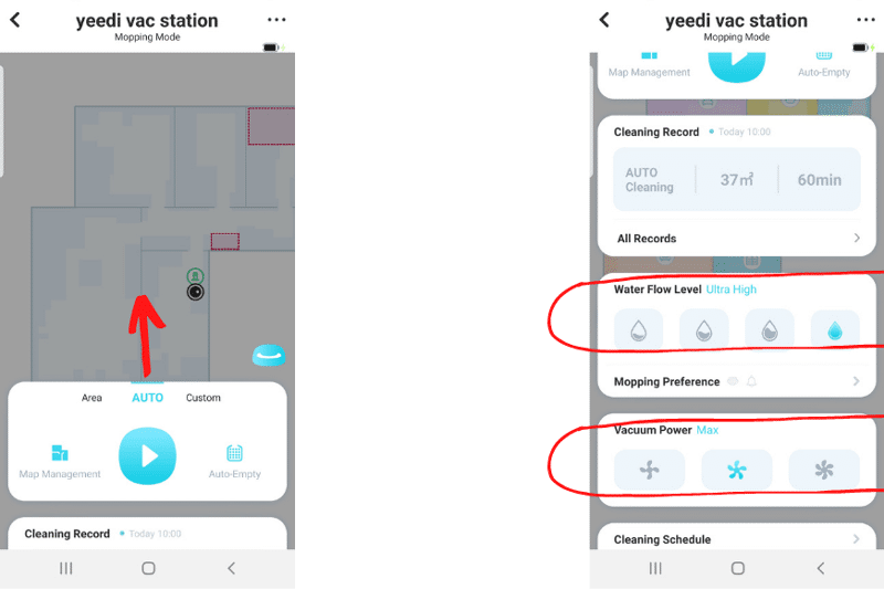 Расход воды и уровень всасывания настраивается в приложении Yeedi App